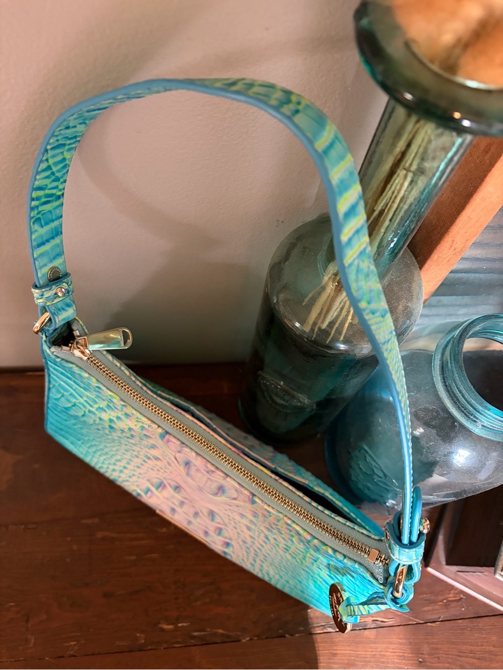 Brahmin ESME Cotton Candy Iridescent Turquoise Croc-Embossed Shoulder Bag - Picture 5 of 13